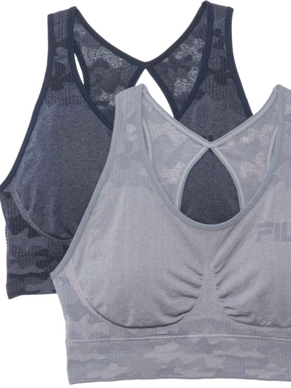 FILA Logo 2 Pk Seamless Sports Bra M Medium Impact Camo Keyhole Back Performance